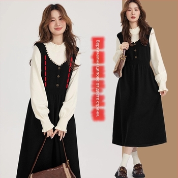 Рокля за кърмене през есенно-зимния сезон 2025 г., с яка с форма на лист лотос, дълги ръкави, плетен плат, панелен модел, кройка A-line до средна дължина, отвори за кърмене.