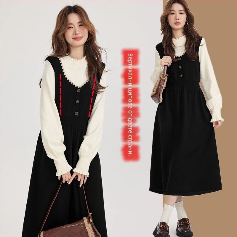 Рокля за кърмене през есенно-зимния сезон 2025 г., с яка с форма на лист лотос, дълги ръкави, плетен плат, панелен модел, кройка A-line до средна дължина, отвори за кърмене.