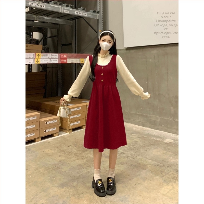 Рокля за кърмене през есенно-зимния сезон 2025 г., с яка с форма на лист лотос, дълги ръкави, плетен плат, панелен модел, кройка A-line до средна дължина, отвори за кърмене.