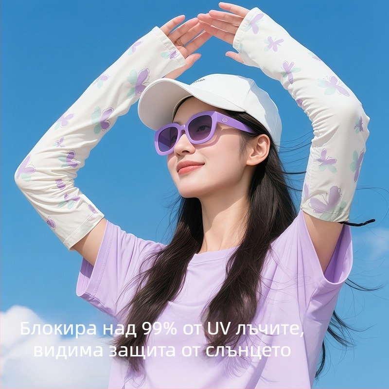 Слънцезащитни ръкави от ice silk — нейлон/спандекс (81–95% ice silk, 11–20% спандекс), сладък стил, лято 2025