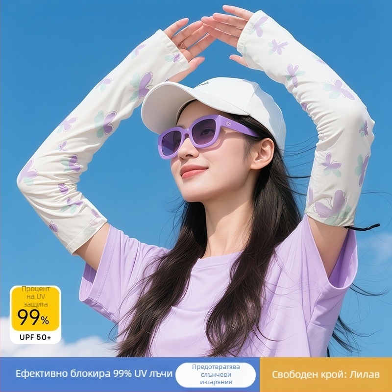Слънцезащитни ръкави от ice silk — нейлон/спандекс (81–95% ice silk, 11–20% спандекс), сладък стил, лято 2025