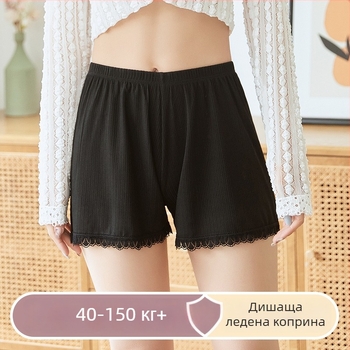 Дамски безопасни къси панталони за лято, дантелена кант, дишащ Ice Silk плат, модел на райета, средна талия, подплата Ice Silk