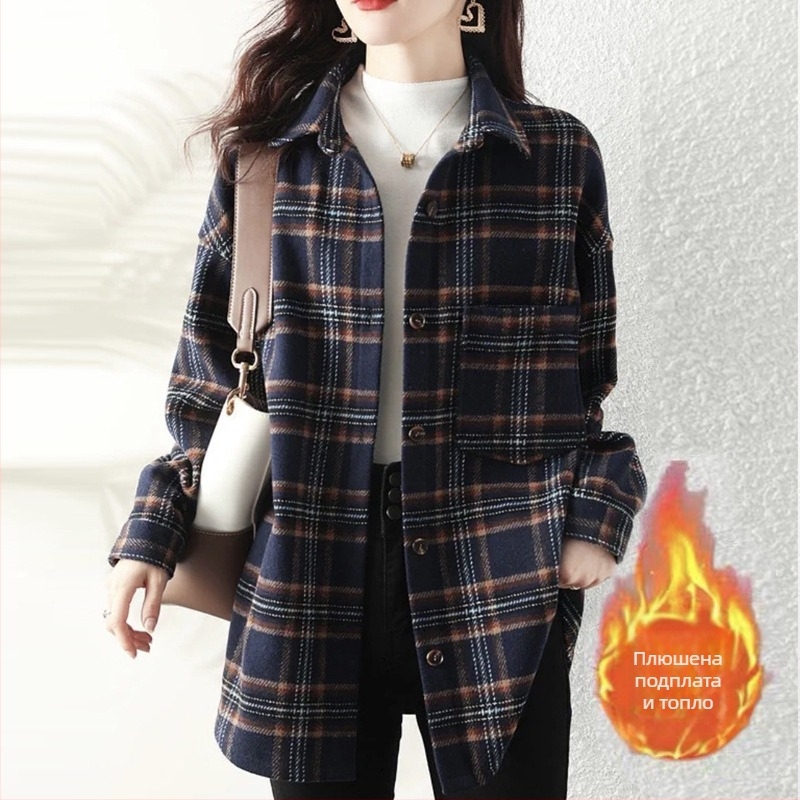 Дамска каре риза-яке с дълги ръкави, поло яка, джобове, 70-80% памук