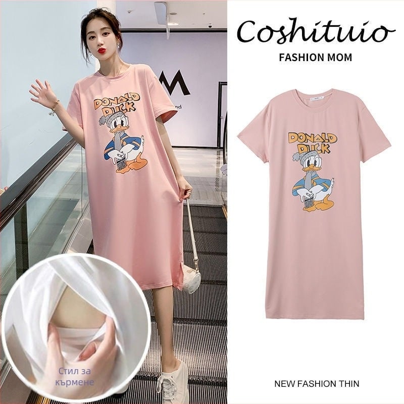 Рокля за бременни с достъп за кърмене, кръгло деколте, ръкав ¾, полиестер 95%+, принт аниме карикатура, миди дължина.