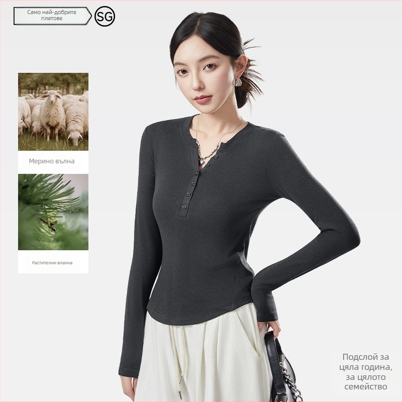 Женски базов топ за долен слой, V-образна яка, дълъг ръкав, безшевен, тясна кройка, с велурен акцент (акрилно влакно; велурен акцент; V-образна яка; безшевен; дълъг ръкав)