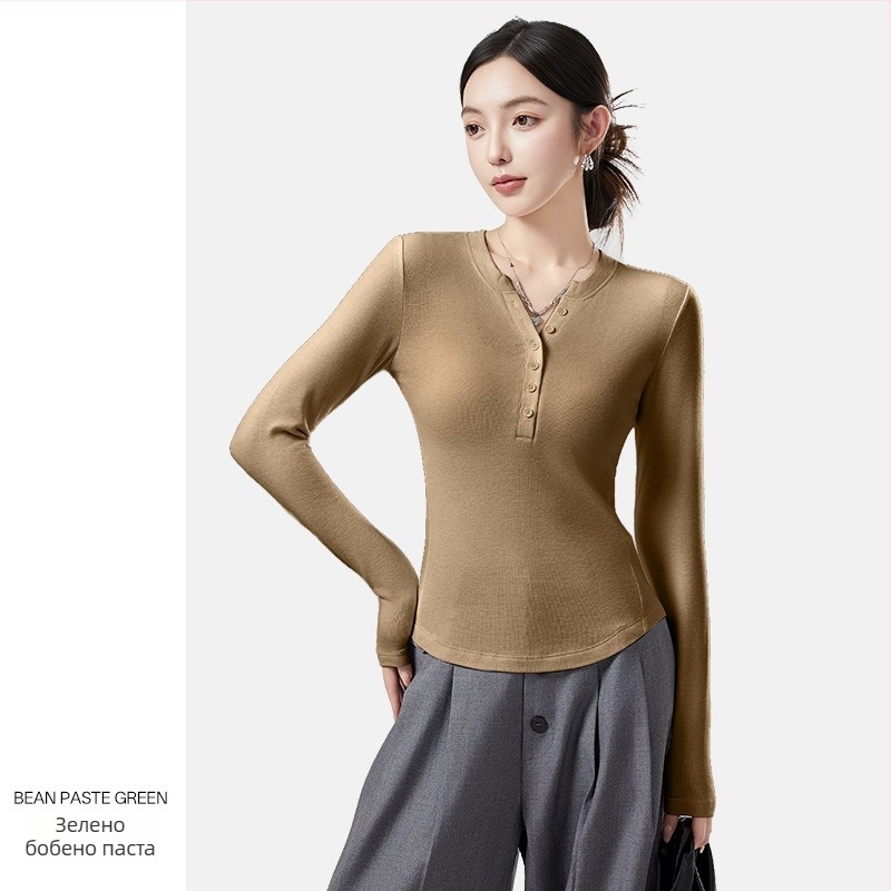 Женски базов топ за долен слой, V-образна яка, дълъг ръкав, безшевен, тясна кройка, с велурен акцент (акрилно влакно; велурен акцент; V-образна яка; безшевен; дълъг ръкав)