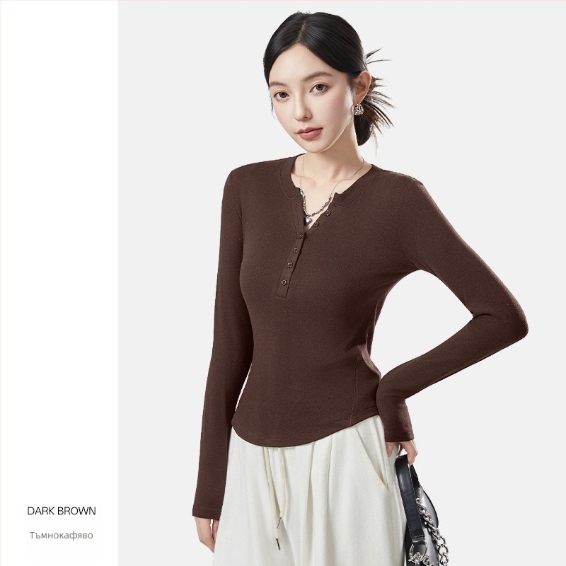 Женски базов топ за долен слой, V-образна яка, дълъг ръкав, безшевен, тясна кройка, с велурен акцент (акрилно влакно; велурен акцент; V-образна яка; безшевен; дълъг ръкав)