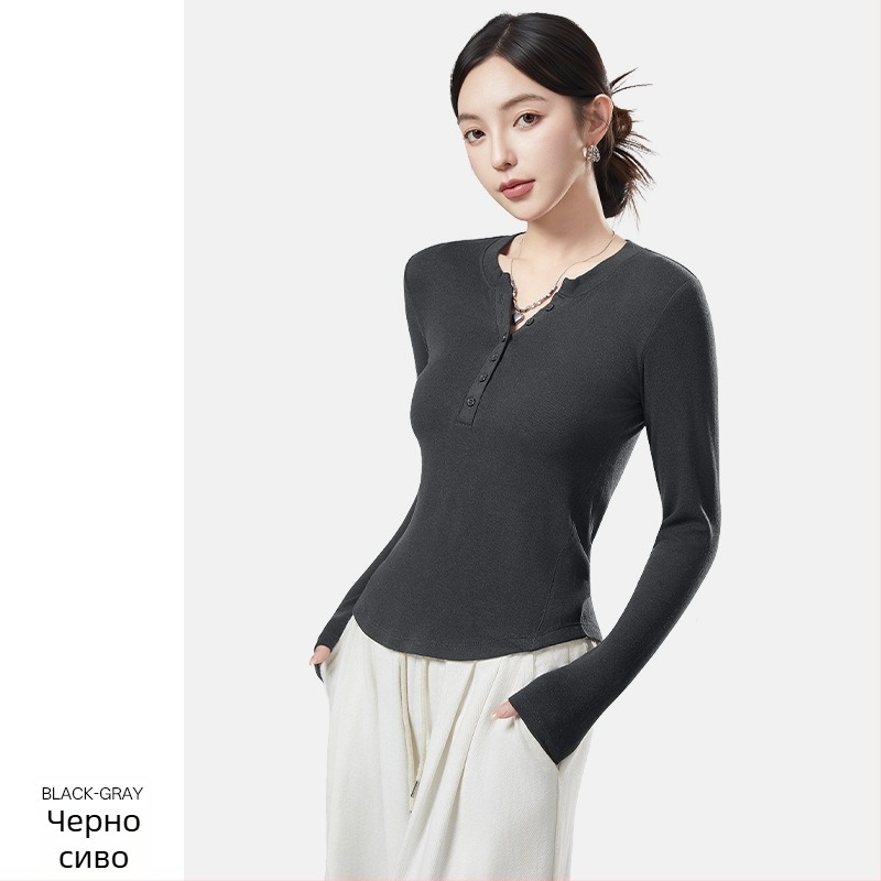 Женски базов топ за долен слой, V-образна яка, дълъг ръкав, безшевен, тясна кройка, с велурен акцент (акрилно влакно; велурен акцент; V-образна яка; безшевен; дълъг ръкав)