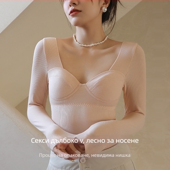 Женски термален базов топ с вградена чашка, V-образно деколте, дълги ръкави, смес вискоза-акрил-спандекс, средно тегло