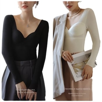 Женски термален базов топ с вградена чашка, V-образно деколте, дълги ръкави, смес вискоза-акрил-спандекс, средно тегло