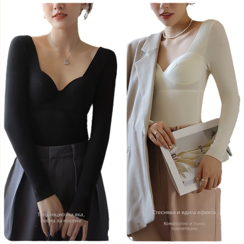 Женски термален базов топ с вградена чашка, V-образно деколте, дълги ръкави, смес вискоза-акрил-спандекс, средно тегло