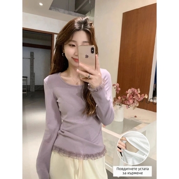 Кърмеща тениска с прегъващ отвор, памучно-смесен плат, кръгло деколте, дълги ръкави, есенно-зимна