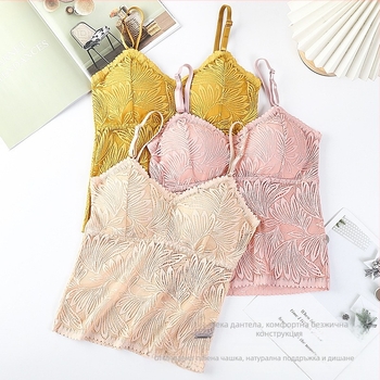 Топ за бюст-лента с дантела – без презрамки, безжичен, дишащ, със сваляем вътрешен слой, 80–90% найлон