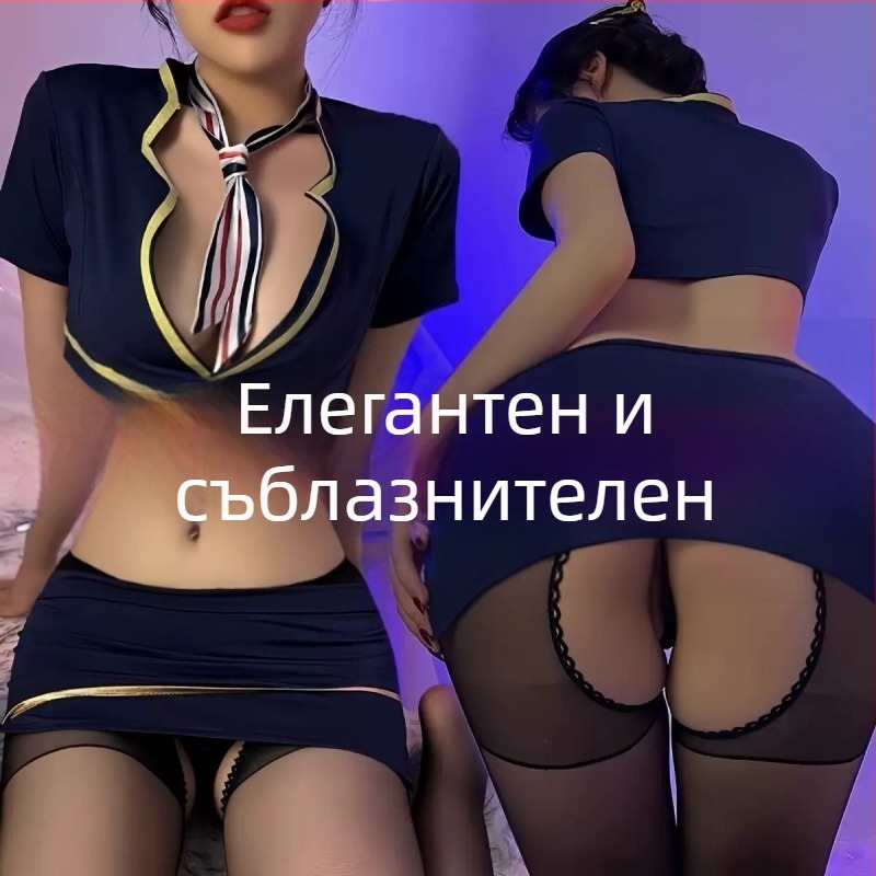 Секси комплект бельо – униформен cosplay стил за стюардеса, нощна пижама, тънък полиестерен плат (101-120 g/m2), 95-100% полиестер, стил: комплект, пролет 2025