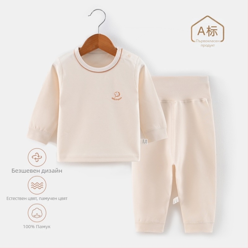 Детски двучастков комплект домашно облекло с висока талия, изцяло памучен, с защита на талията, 200 g/m², еднослойна, за деца 1–3 години