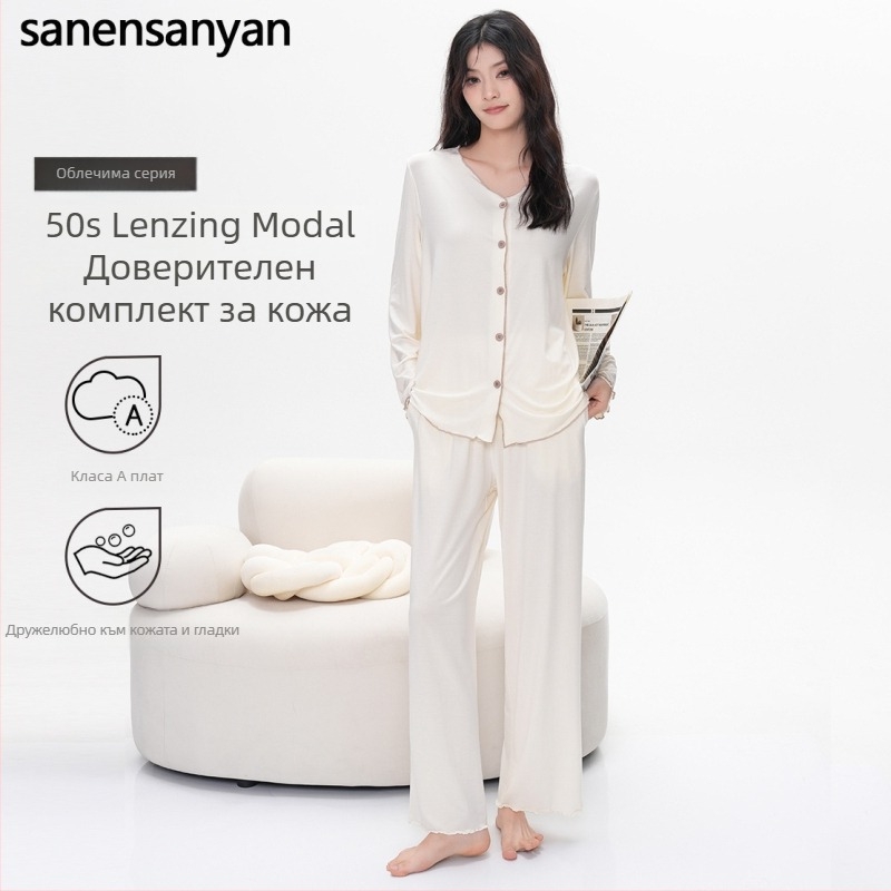 Дамски комплект за домашно облекло от лензинг модал — без яка, дълги ръкави и дълги панталони, средно тегло 181–200 g/m², подходящ за носене у дома и навън