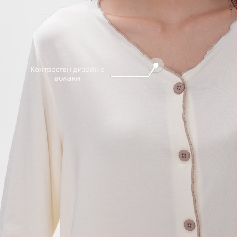 Дамски комплект за домашно облекло от лензинг модал — без яка, дълги ръкави и дълги панталони, средно тегло 181–200 g/m², подходящ за носене у дома и навън