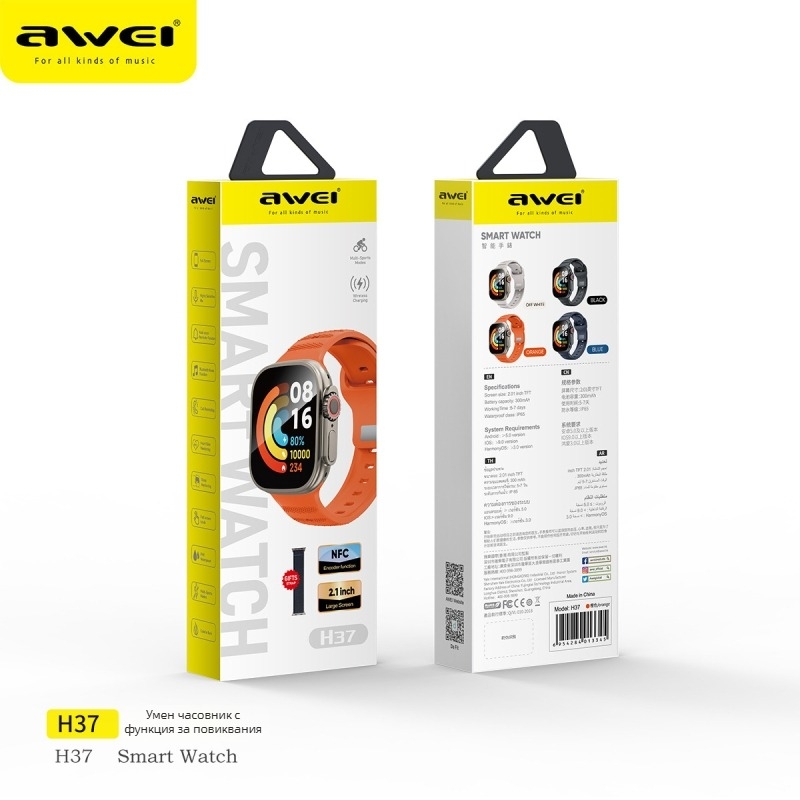 Awei H37 смарт часовник с NFC, мониторинг на сърдечния ритъм, измерване на кръвното налягане, кислород в кръвта и крачкомер