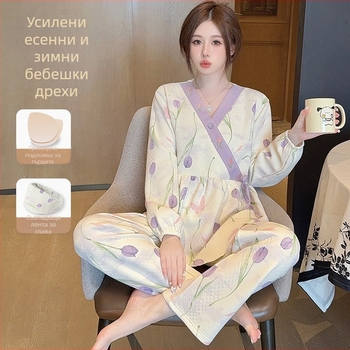 Памучни пижами за майчинство и кърмене, сет с V-образно деколте, дълги ръкави и дълги панталони, есен-зима, 90–95% памук