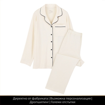 Японски стил модал-памучен пижамен комплект за жена и мъж – 54% модал, 39% памук, 7% еластан; средно тегло 161–180 g/m²; лапово яка, дълги ръкави, панталони; домашно облекло за всички сезони