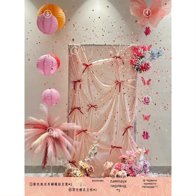 Розов комплект за декорация на сватбена стая – материал: прежда; за сватба; други сватбени принадлежности