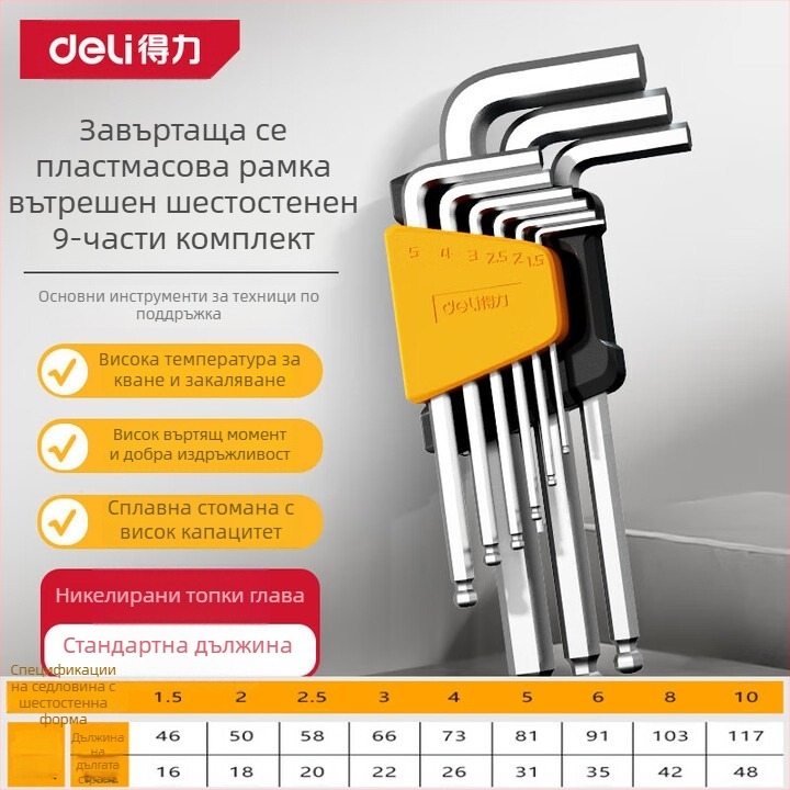 Комплект вътрешно шестостенни ключове (Allen) – метричен размер, хром-ванадиева/S2 стомана, никелиран, L-образна глава с топче, мултифункционална отвертка