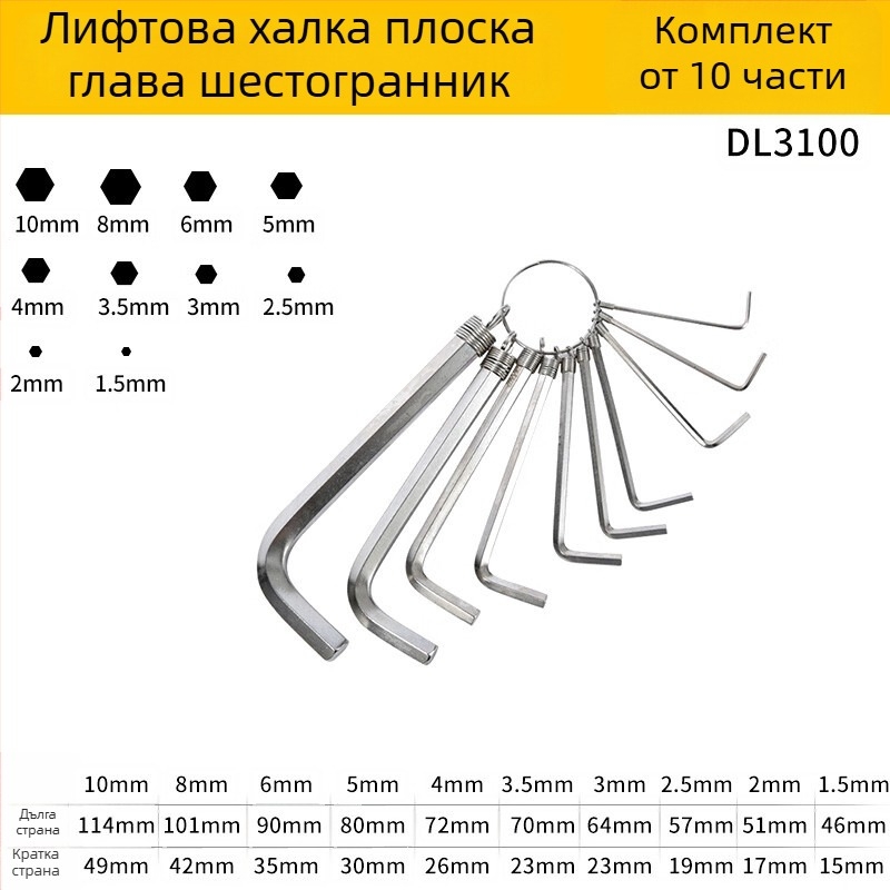Комплект вътрешно шестостенни ключове (Allen) – метричен размер, хром-ванадиева/S2 стомана, никелиран, L-образна глава с топче, мултифункционална отвертка
