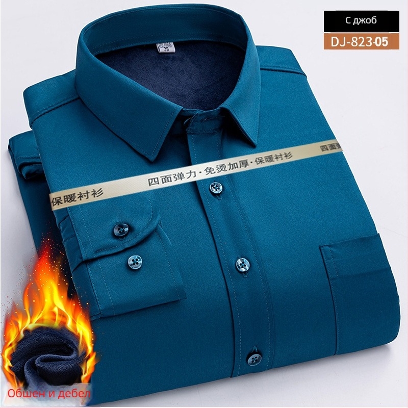 Мъжка риза за зима с флисово подплата, без гладене, квадратна яка, дълги ръкави