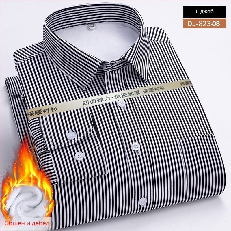 Мъжка риза за зима с флисово подплата, без гладене, квадратна яка, дълги ръкави