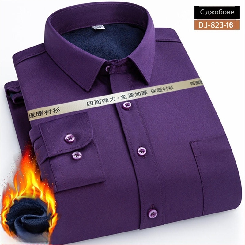 Мъжка риза за зима с флисово подплата, без гладене, квадратна яка, дълги ръкави