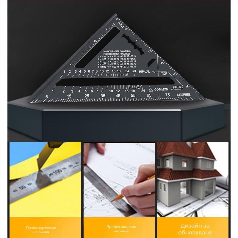 Триъгълен линейник за дърводелство, алуминиева сплав и неръждаема стомана, многофункционален инструмент за прав ъгъл, 45°