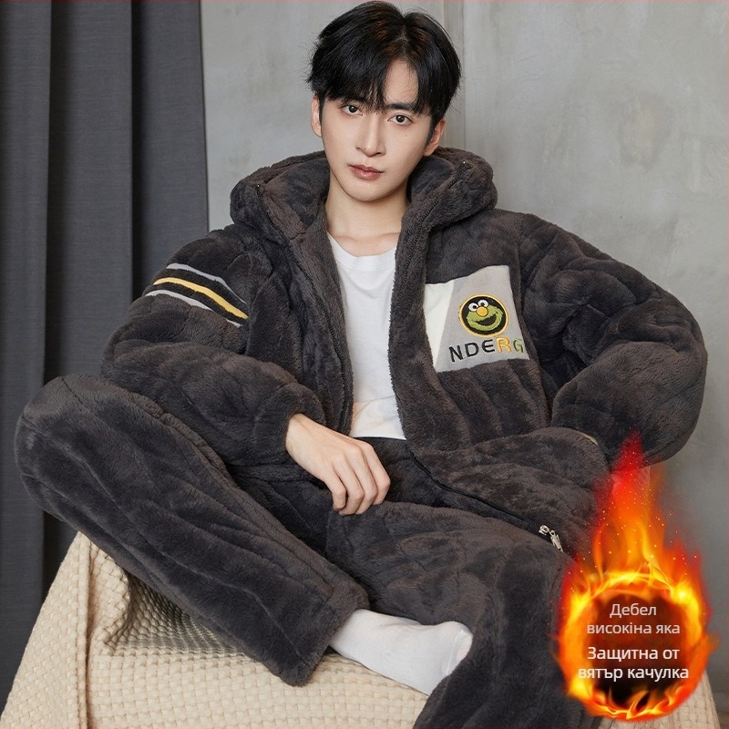 Мъжки пижами – комплект, три слоя quilted памук, дебела флисова подплата, кръгло деколте, дълги ръкави, стил карикатура