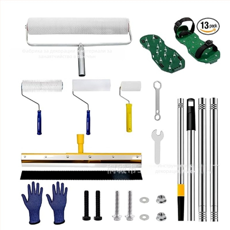 Комплект инструменти за циментово самонивелиране с деаерираща ролка, ролка за премахване на балончета и рало за самоизравняване — 5-частов метално-пластмасов комплект за домашна употреба