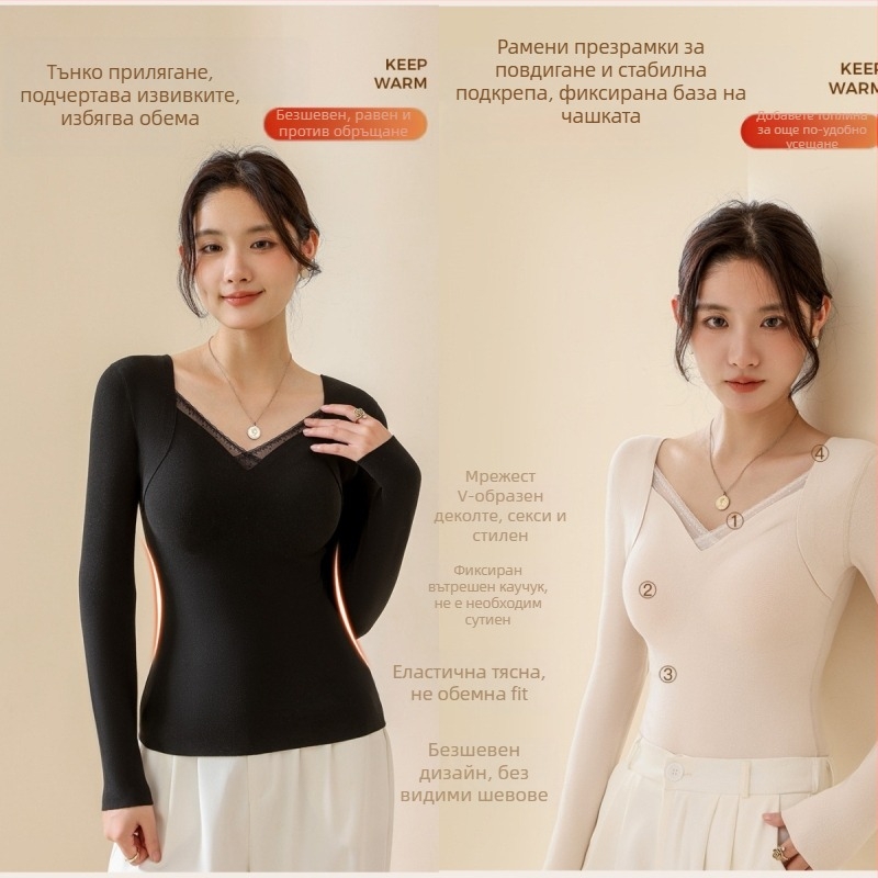Дамски термо топ от вълна и коприна с V-образно деколте, вградени чашки, дебел трикотаж 251–300 g/m², основна тъкан 80–90%, дълги ръкави, оформяне на тялото и топлина