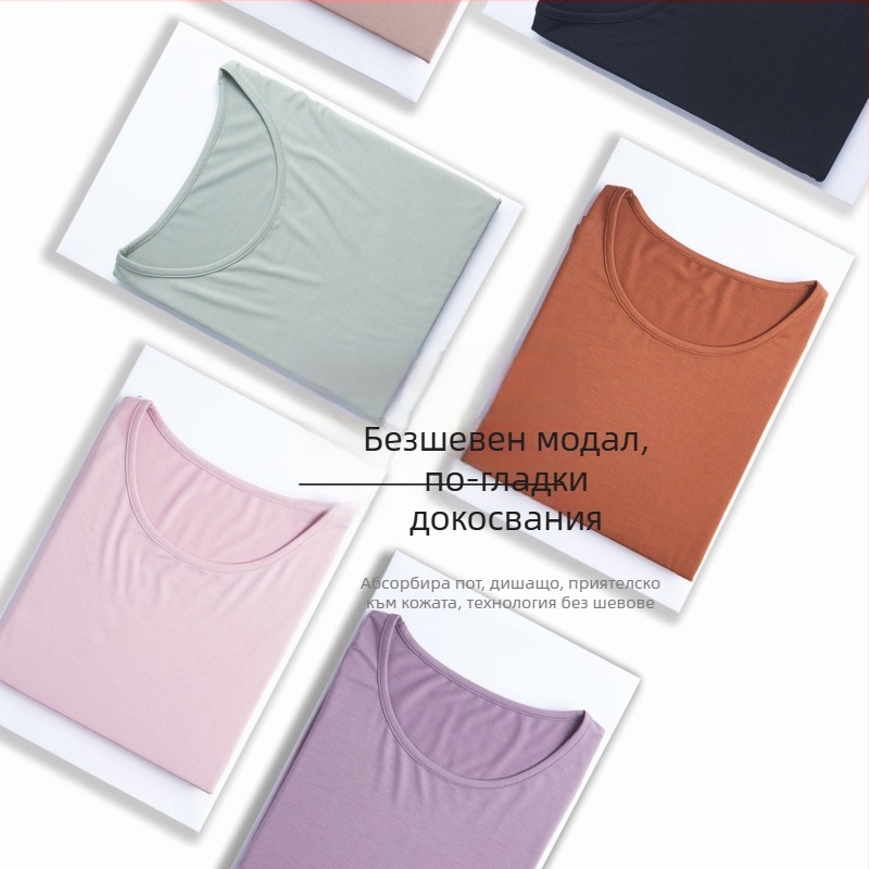 Дамски есенен термо комплект: модал (вискоза) основен плат 95%, подплата 90% модал, тънък, стегнат силует, базово термо бельо