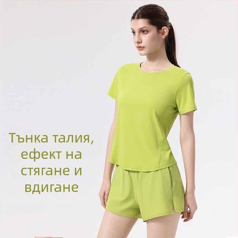 Женски спортен комплект: къси ръкави, кръгло деколте, къси панталони, 88% найлон и 12% спандекс, летен набор за бягане, тренировки и фитнес