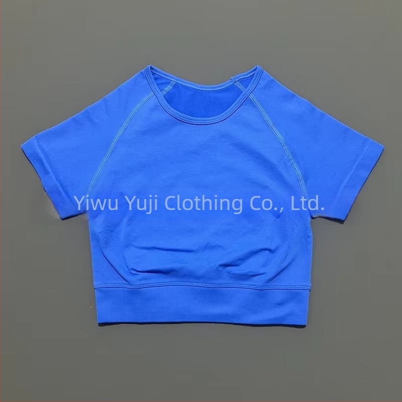 Женски безшевен спортен топ с къс ръкав за йога, влагоотводящ нейлон-спандекс (90/10), тънък силует, Yuji Yj-dx01, Лято 2025