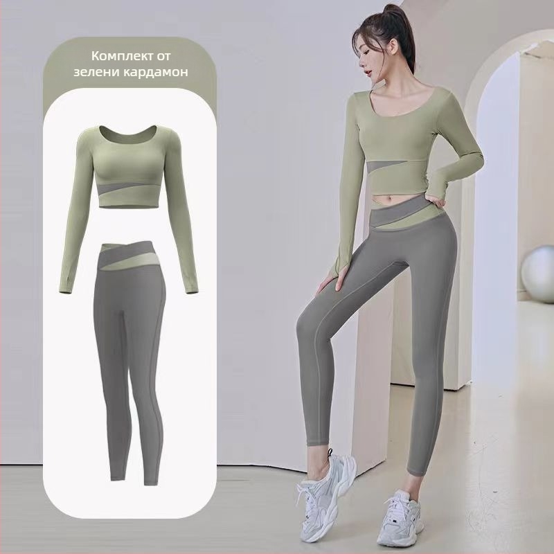 Женски йога сет: топ с дълъг ръкав и панталони, бързосъхнещ, дишащ, Corduroy с лен 71–80%