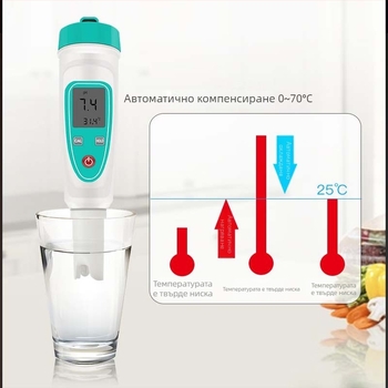 Портативен pH-метър за вода с диапазон 0,1–14,0 pH, точност 0,1 pH и температурна компенсация 0–50 °C; интегриран/разделен електрод.