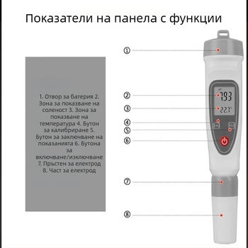 Портативен pH-метър за вода с диапазон 0,1–14,0 pH, точност 0,1 pH и температурна компенсация 0–50 °C; интегриран/разделен електрод.