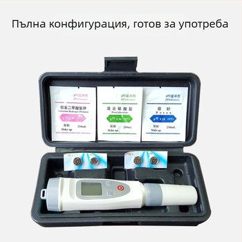 Портативен pH-метър за вода с диапазон 0,1–14,0 pH, точност 0,1 pH и температурна компенсация 0–50 °C; интегриран/разделен електрод.