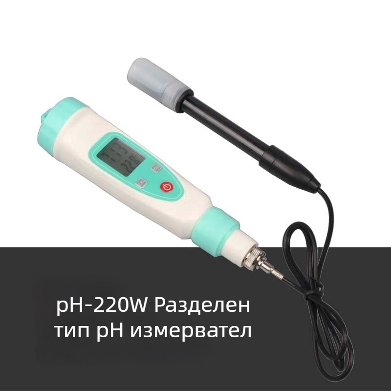Портативен pH-метър за вода с диапазон 0,1–14,0 pH, точност 0,1 pH и температурна компенсация 0–50 °C; интегриран/разделен електрод.