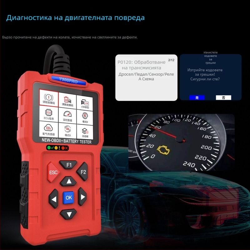 Устройство за диагностика на автомобилни дефекти T300 – OBD2 четец за кодове на двигателя, 8-30V, 20-60°C, подходящо за горивни превозни средства