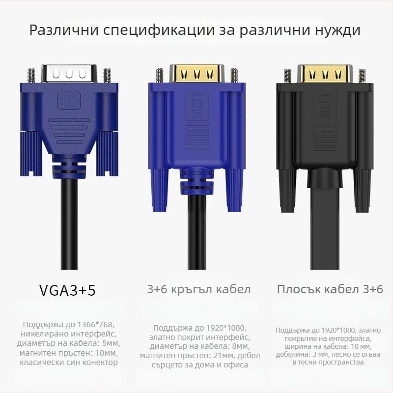 VGA кабел, модел V002, мед без кислород, инжекционно формована, съвместим с телевизори/компютри/монитори
