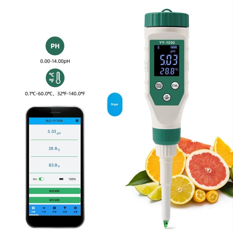 Портативен pH метр с цифров дисплей, игловиден датчик, диапазон pH 0–14, точност 0.01, компенсация на температурата 0–60°C