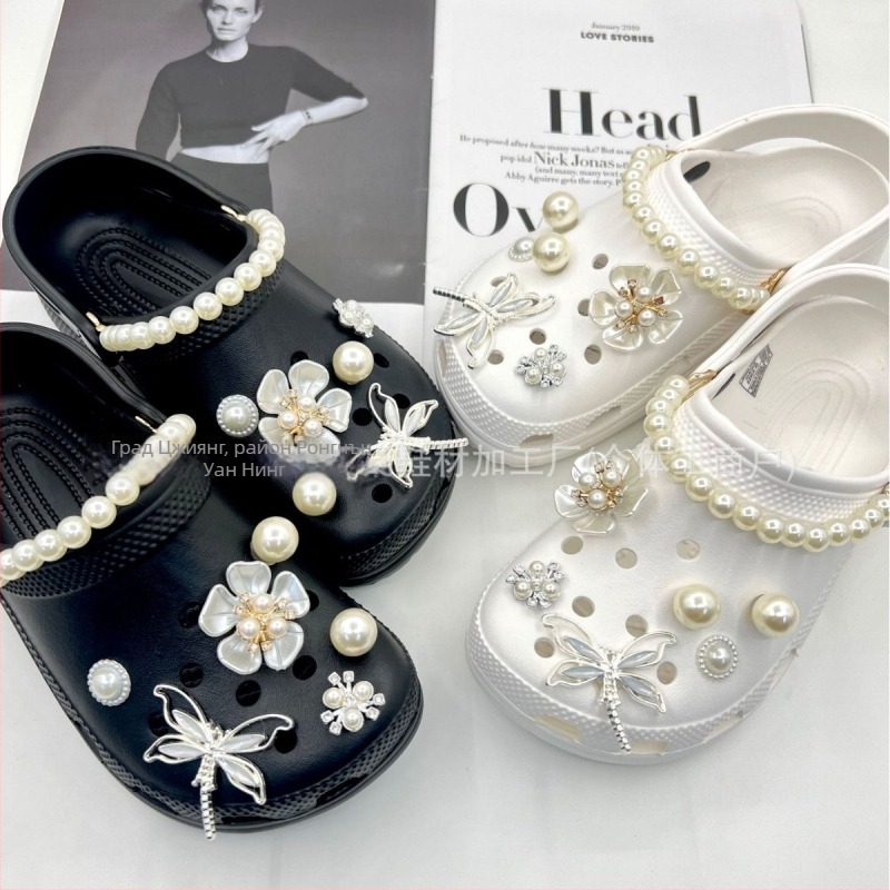 Crocs стил аксесоар за обувки, метална повърхностна украса с камелия и пеперуда кристали, съвместим с декоративна кръстна катарама, DIY материал