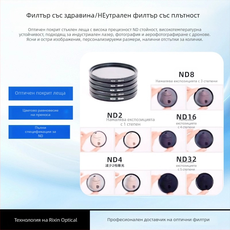 ND филтър с неутрална плътност ND8/ND64/ND1000 за индустриални камери, обективи за дронове и fotografско оборудване — Rixin Technology