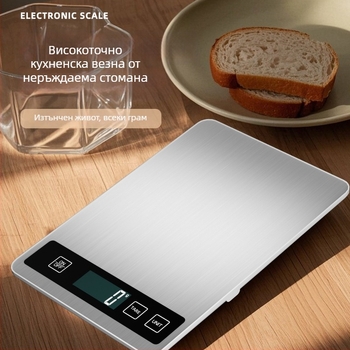 Дигитална кухненска везна CHANGXIE K18, диапазон на измерване 1 g–15 kg, размери 20.2×13.94×1.55 cm, захранване 2× AAA или зареждане