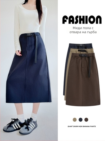 Полиестерна пола до средна дължина, едноцветен модел, 95% полиестер, микроеластична, японско-корейски ежедневен стил