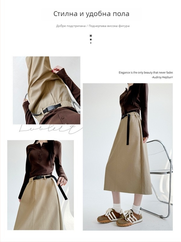 Полиестерна пола до средна дължина, едноцветен модел, 95% полиестер, микроеластична, японско-корейски ежедневен стил